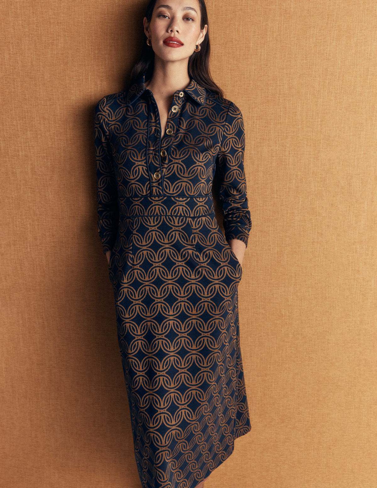 Etta Piping Detail Ponte Dress-Navy, Geo Parade Mono-1