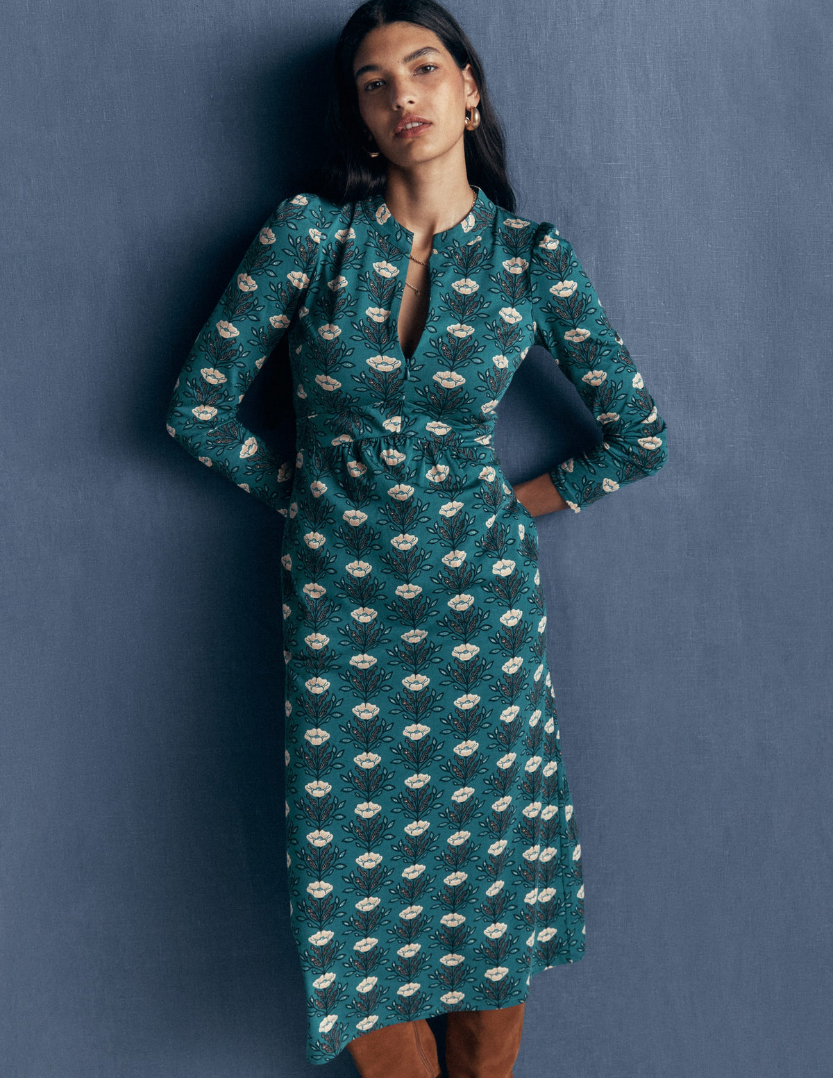 Hope Zip Detail Jersey Dress-Storm Blue, Flourishing Buds - Image 1