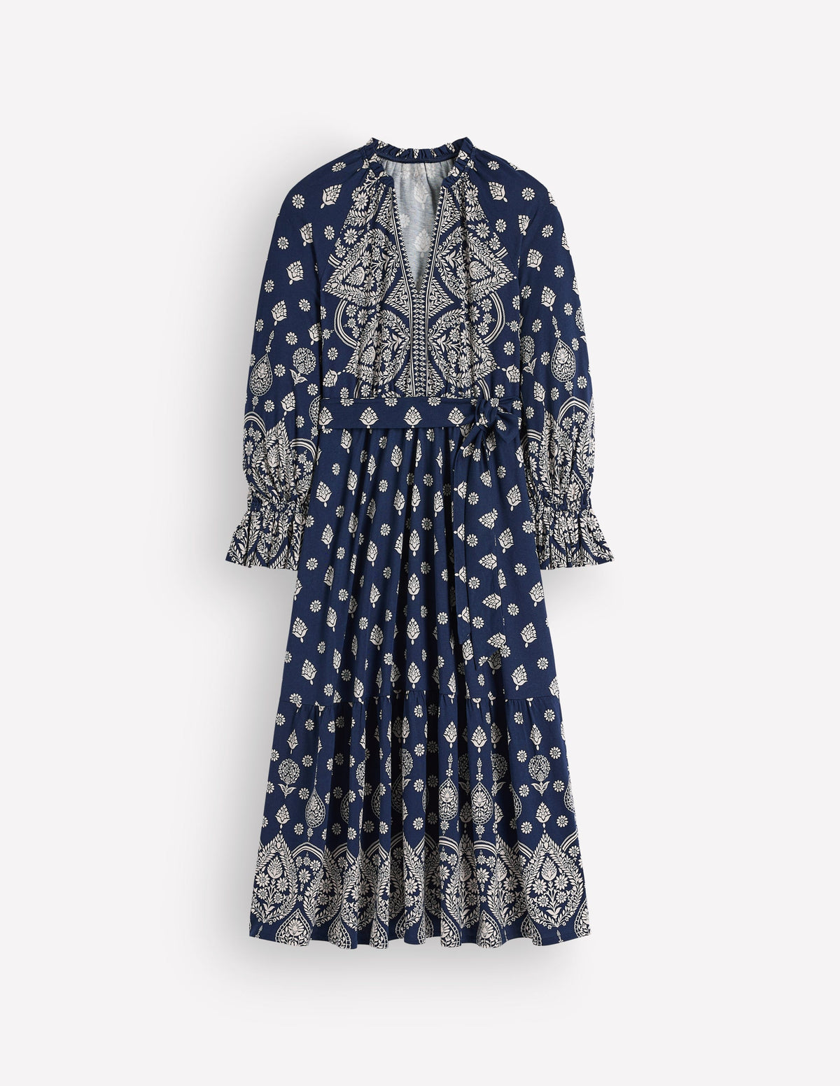 Blouson Tiered Jersey Dress-French Navy, Ornate Gardenia - Image 7