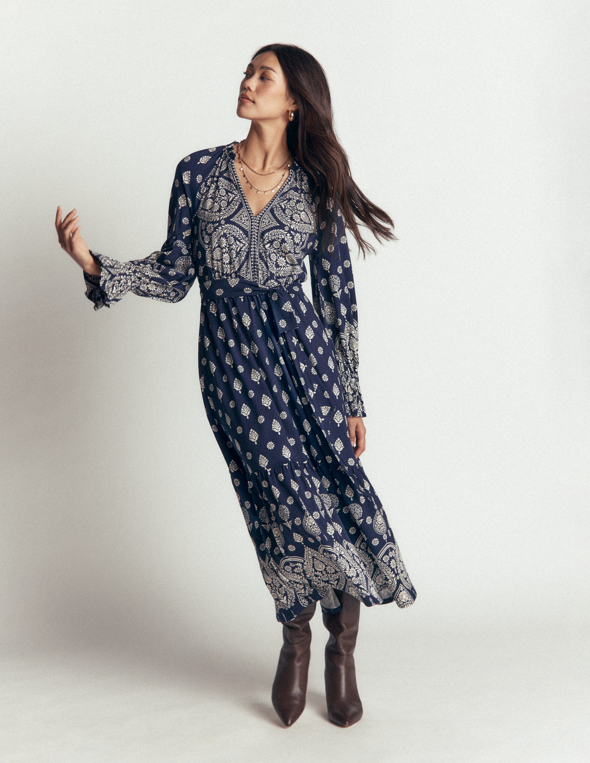 Blouson Tiered Jersey Dress-French Navy, Ornate Gardenia-2