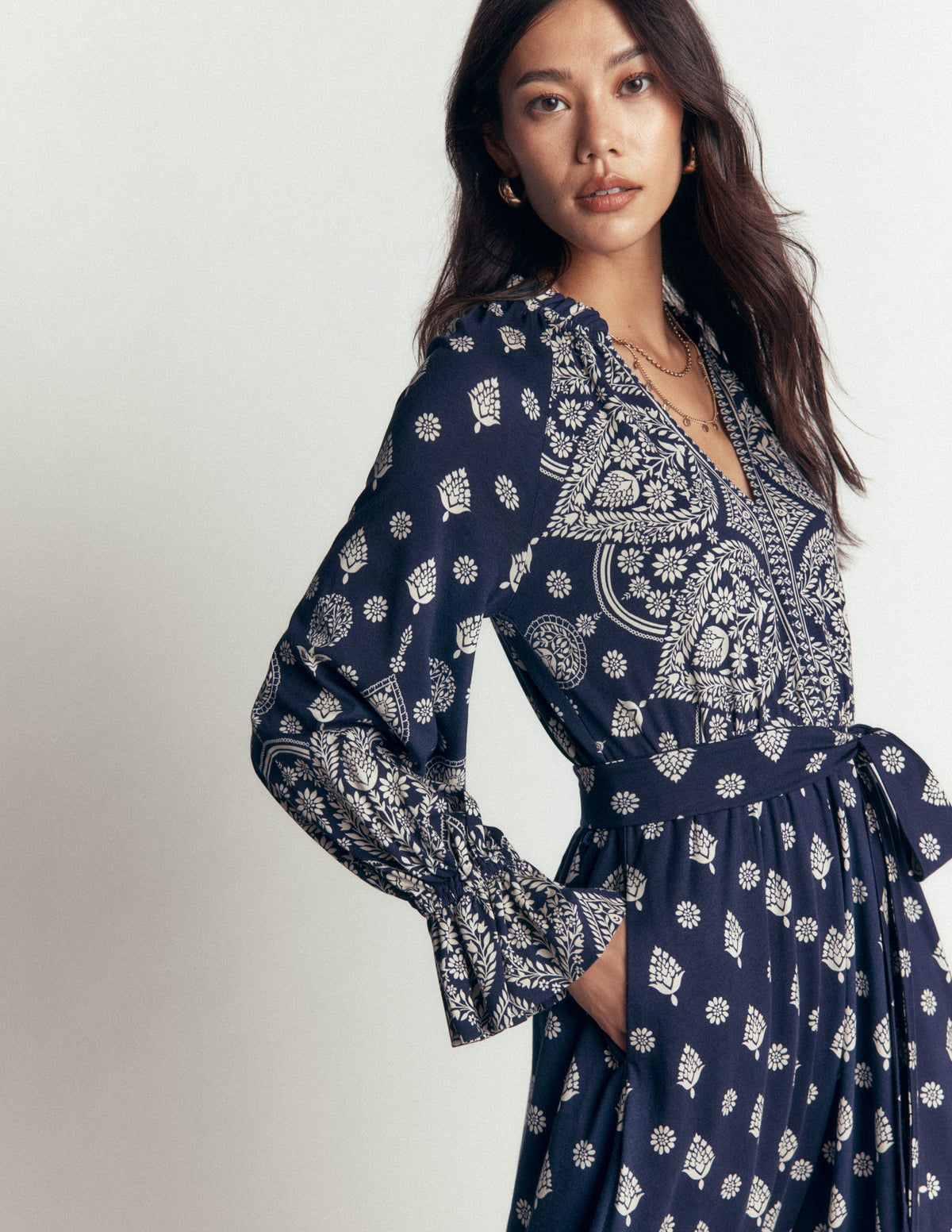 Blouson Tiered Jersey Dress-French Navy, Ornate Gardenia-3