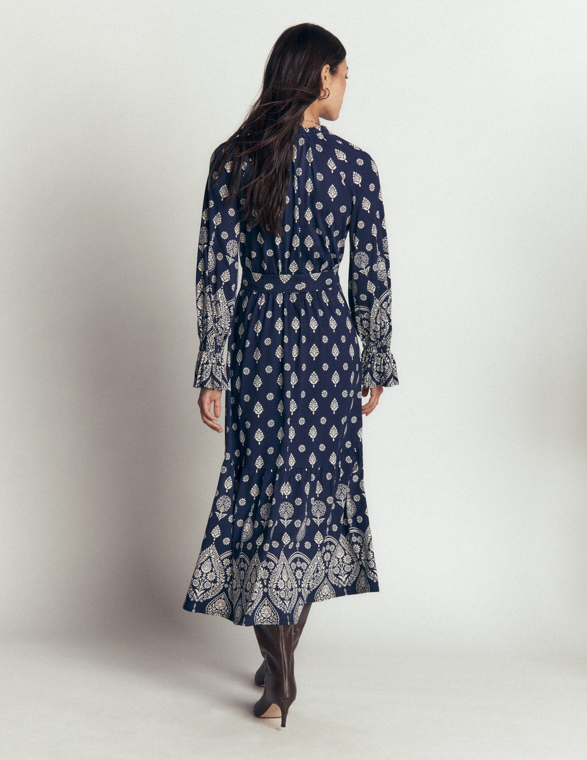 Blouson Tiered Jersey Dress-French Navy, Ornate Gardenia - Image 4