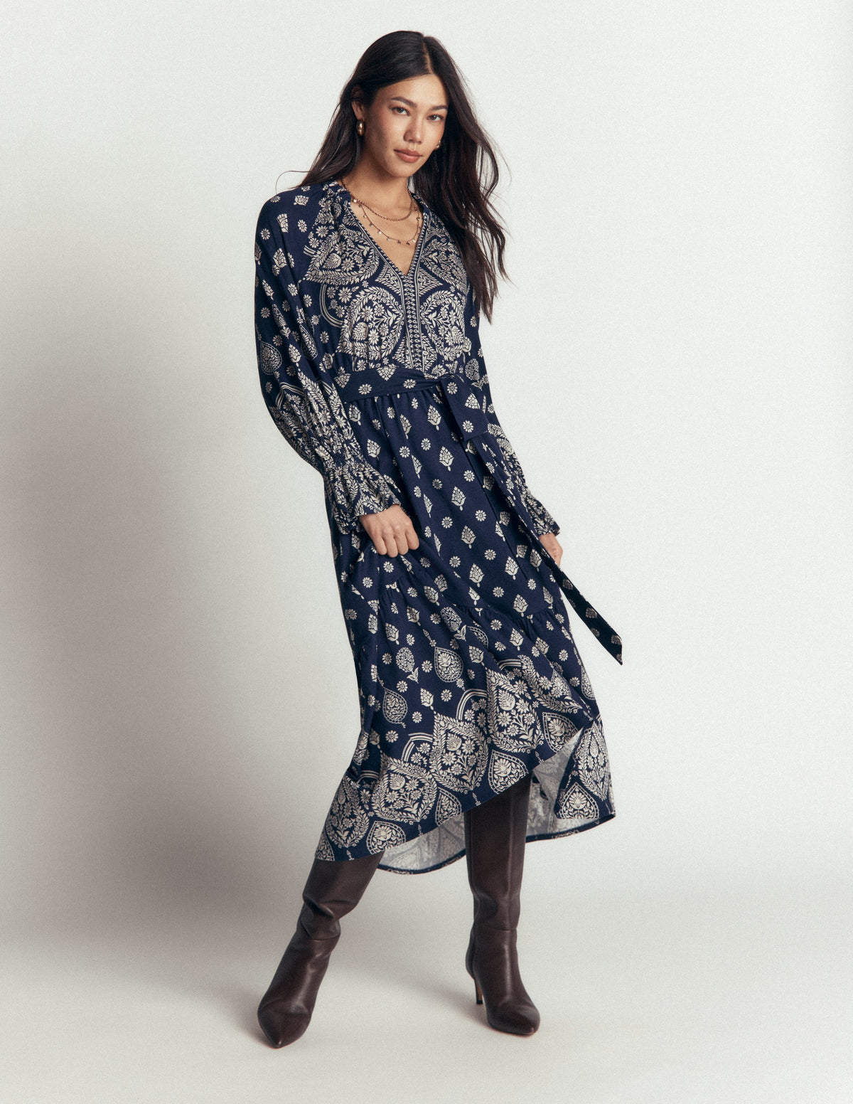 Blouson Tiered Jersey Dress-French Navy, Ornate Gardenia - Image 5