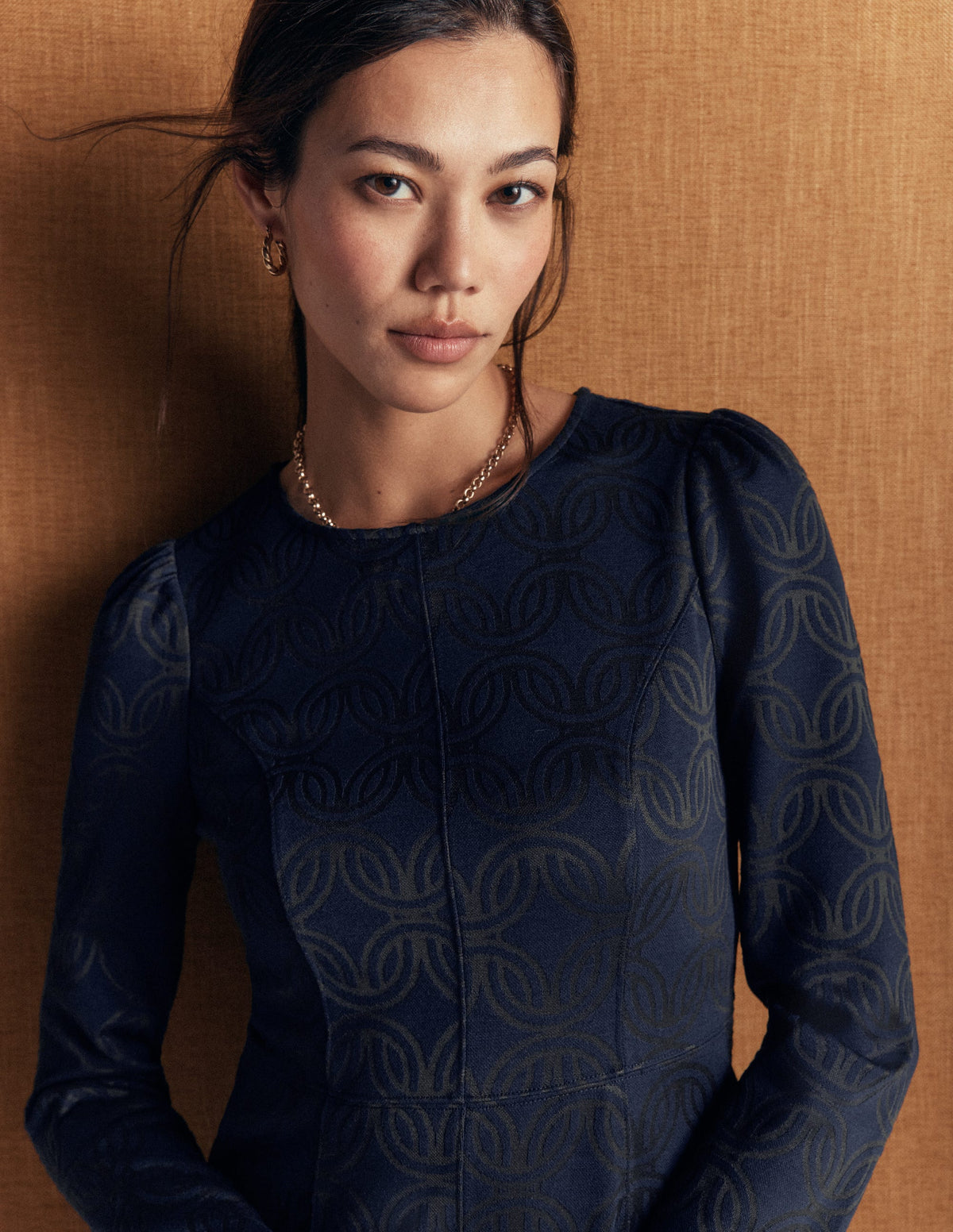Marla Seamed Ottoman Dress-Navy and Forest Glade Jacquard-2