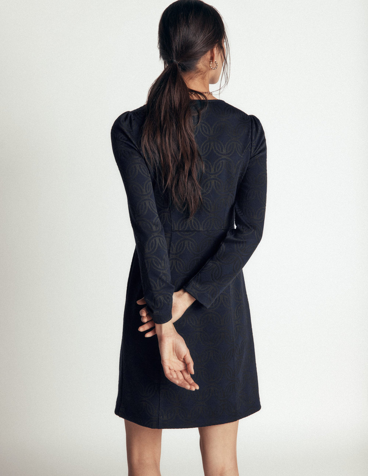 Marla Seamed Ottoman Dress-Navy and Forest Glade Jacquard-3