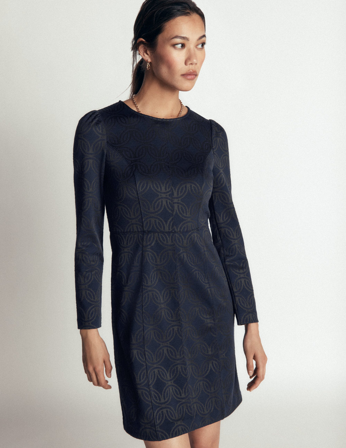 Marla Seamed Ottoman Dress-Navy and Forest Glade Jacquard - Image 4