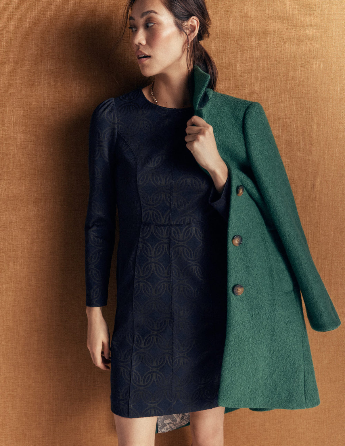 Marla Seamed Ottoman Dress-Navy and Forest Glade Jacquard-5