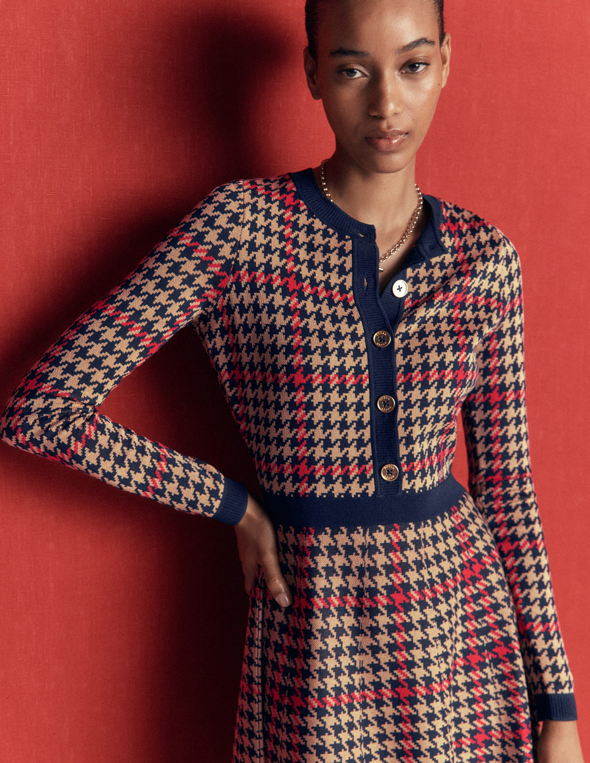 Crew Neck Jacquard Dress-Navy, Camel, Red Check-2