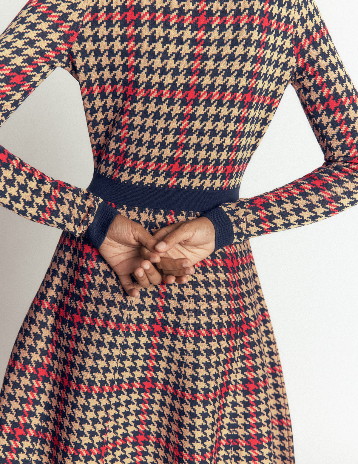 Crew Neck Jacquard Dress-Navy, Camel, Red Check - Image 6
