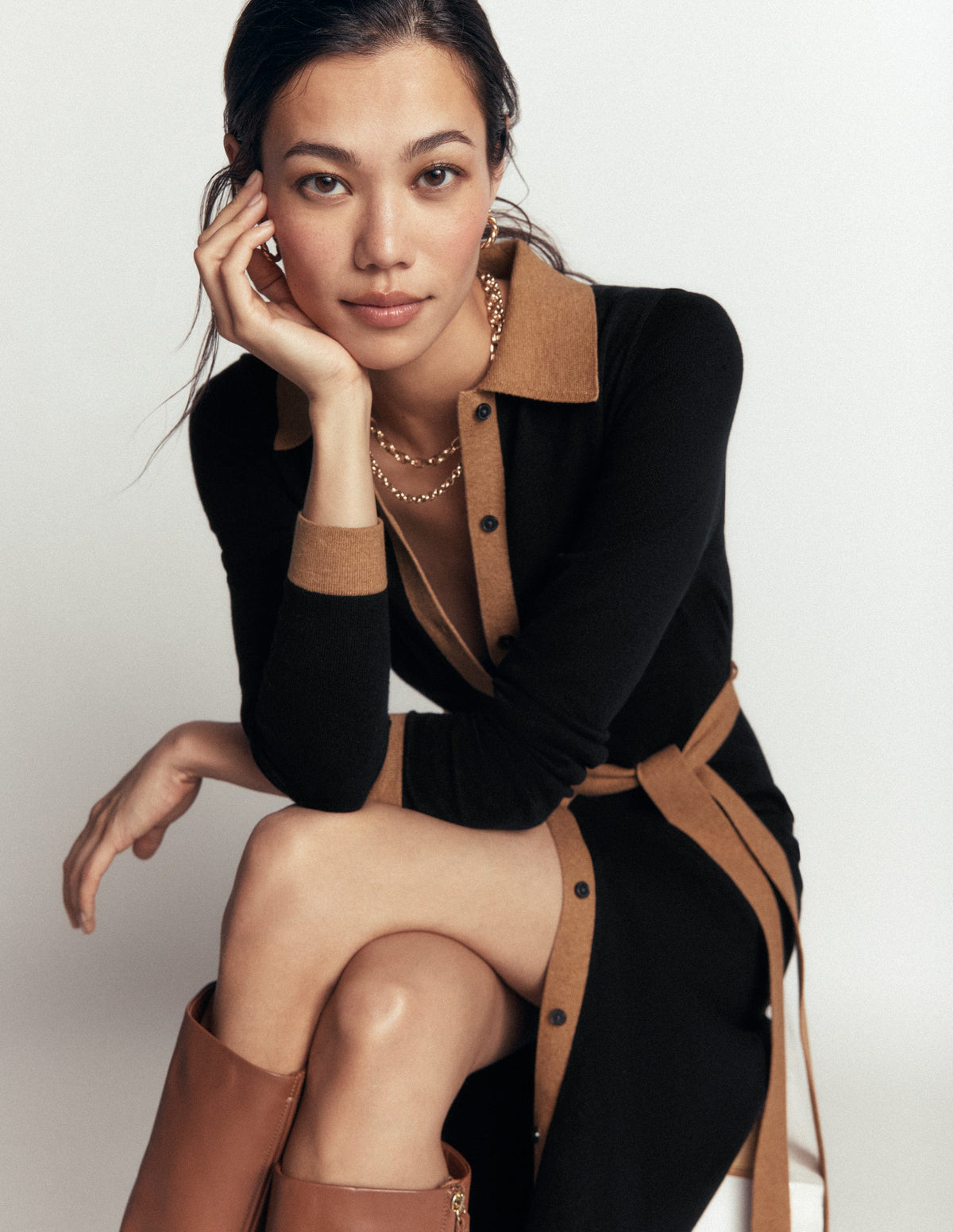 Jessica Knitted Shirt Dress-Black and Fall leaf - Image 2