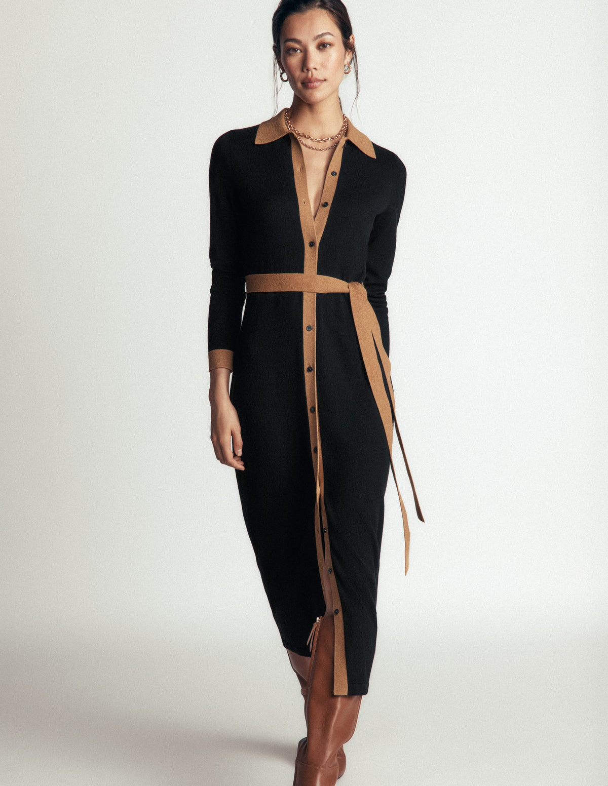 Jessica Knitted Shirt Dress-Black and Fall leaf - Image 5