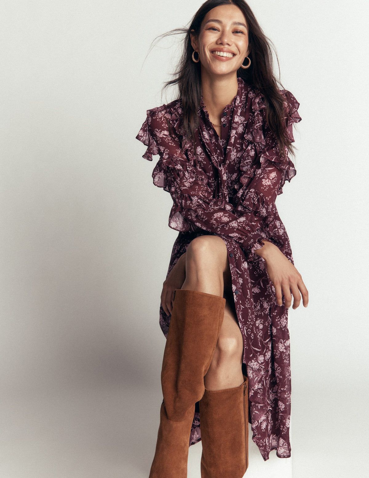 Ruffle Tie Neck Dress-Brown, Enchanted Sprigs - Image 2