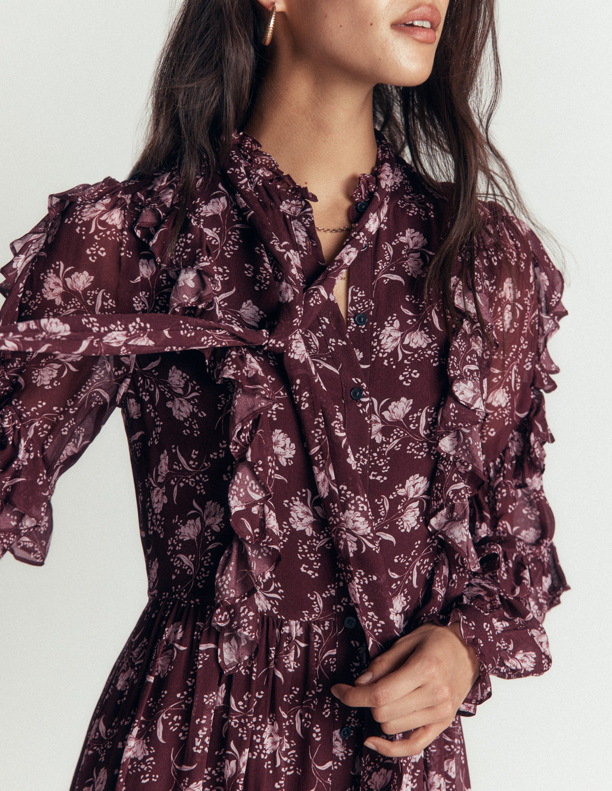 Ruffle Tie Neck Dress-Brown, Enchanted Sprigs - Image 3