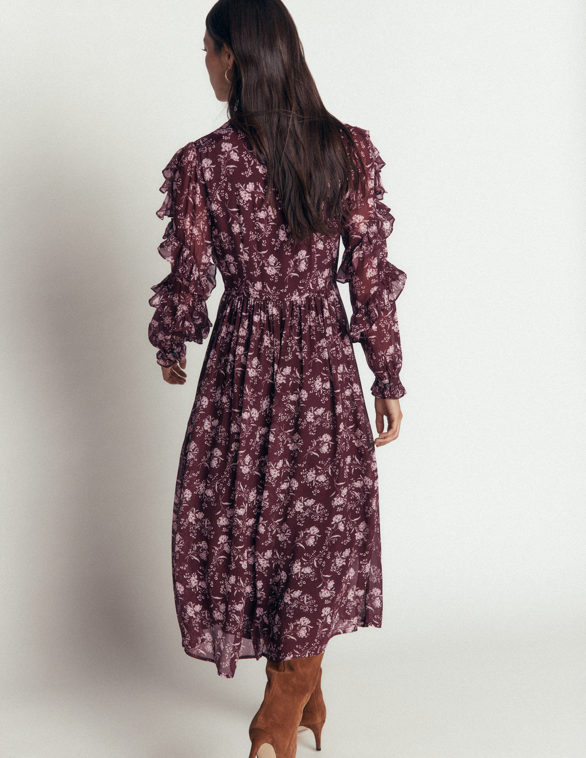 Ruffle Tie Neck Dress-Brown, Enchanted Sprigs - Image 4