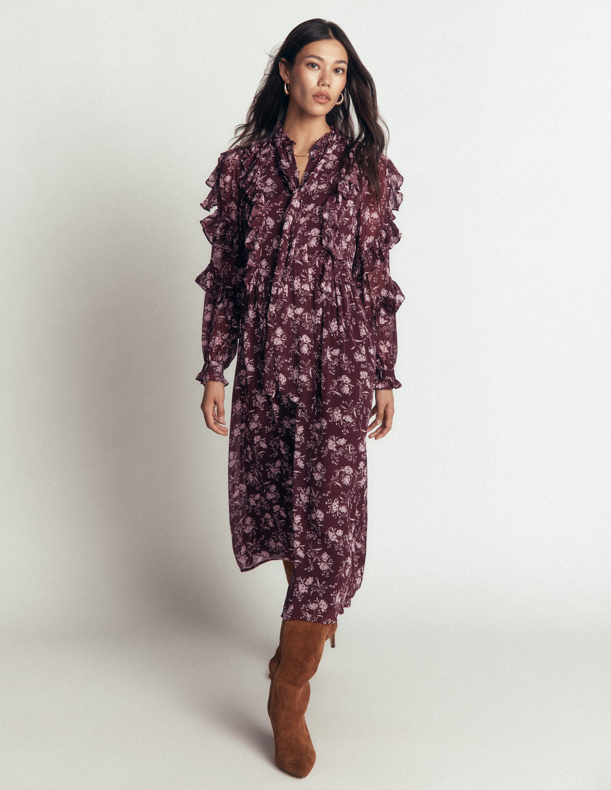 Ruffle Tie Neck Dress-Brown, Enchanted Sprigs - Image 5