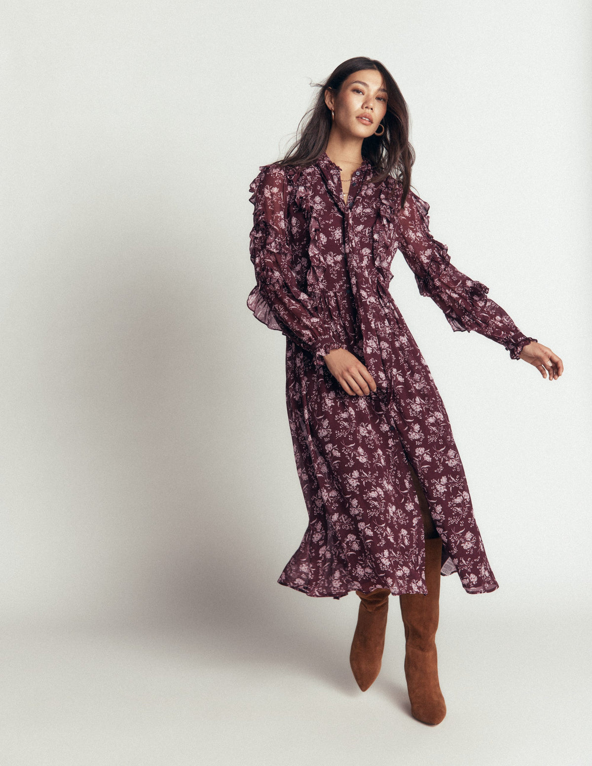 Ruffle Tie Neck Dress-Brown, Enchanted Sprigs - Image 6