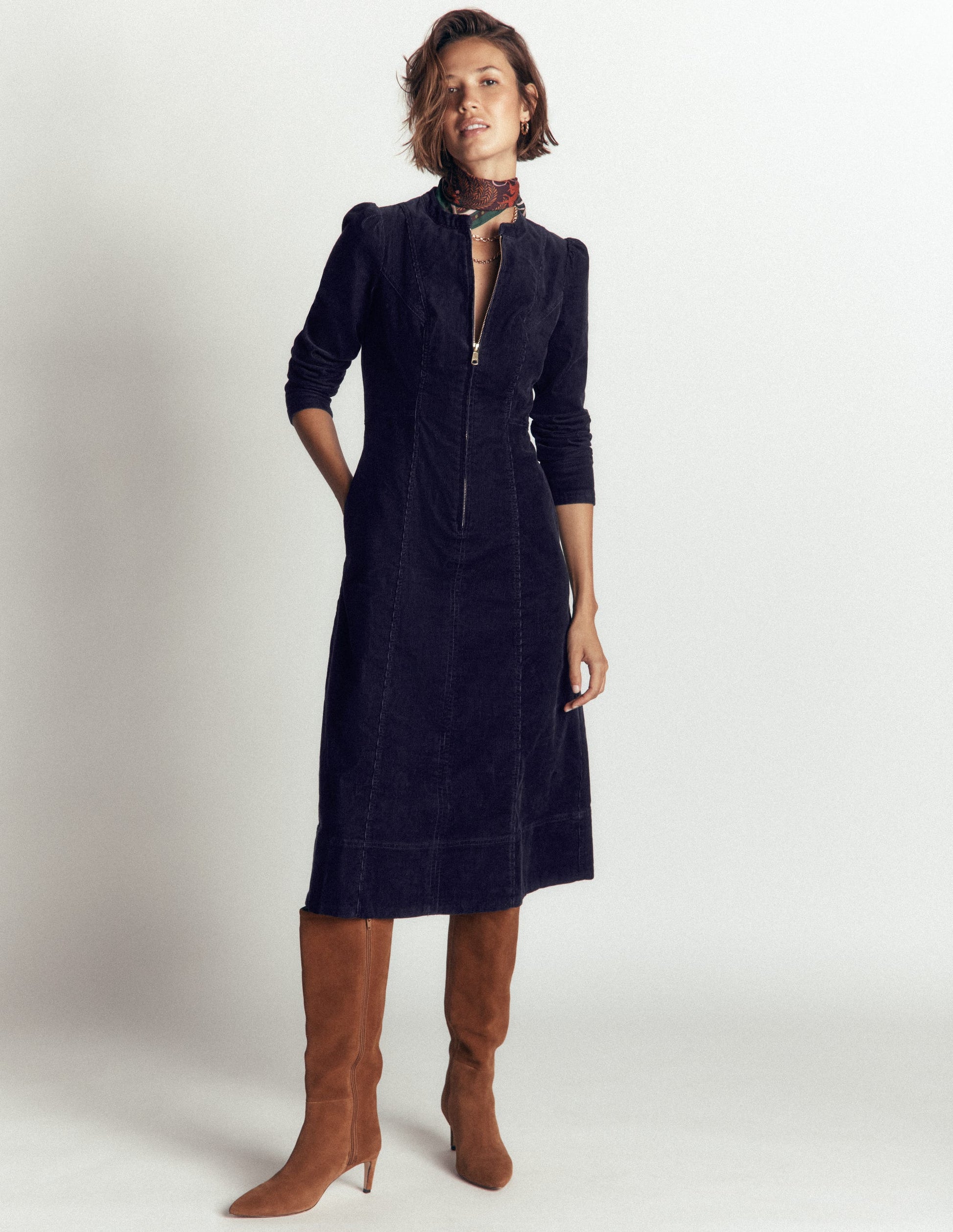 Una Cord Midi Dress-Navy-2