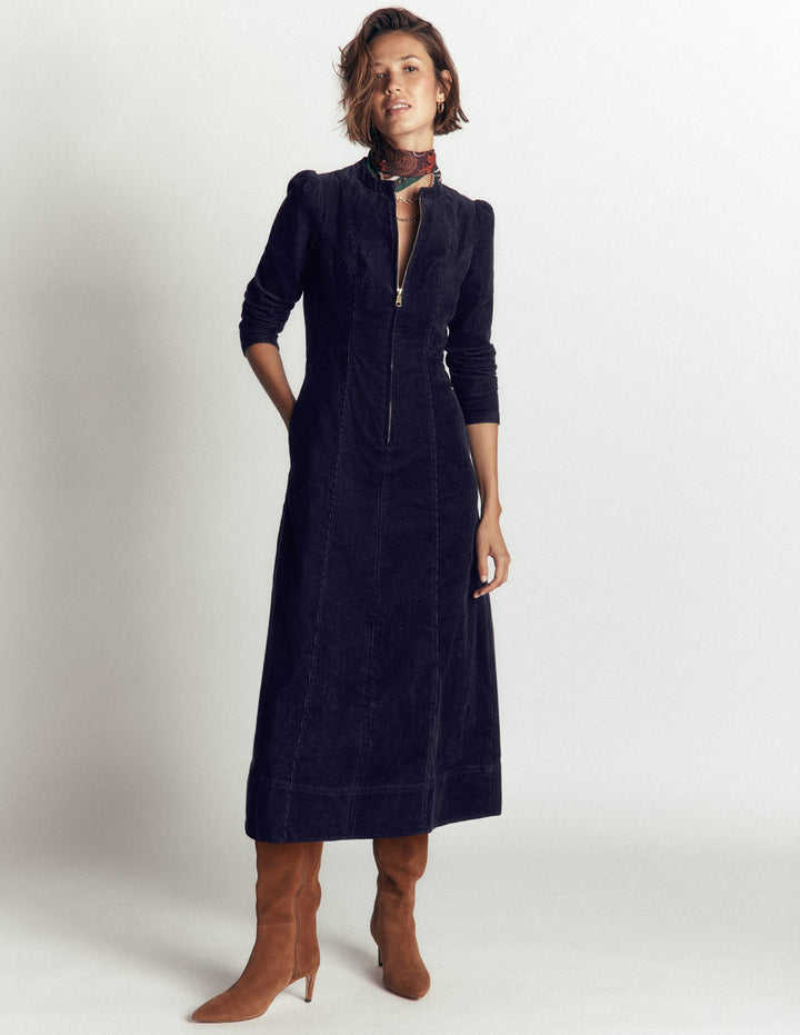 Una Cord Midi Dress-Navy