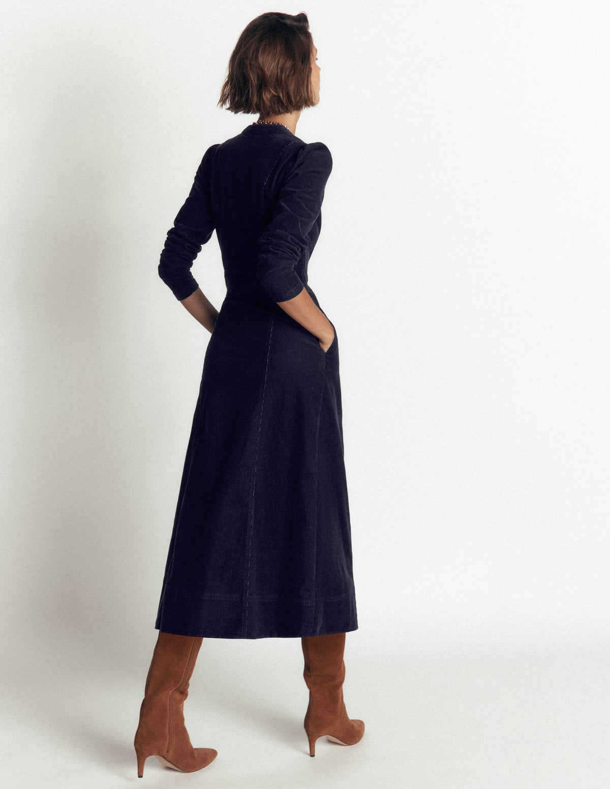 Una Cord Midi Dress-Navy - Image 2
