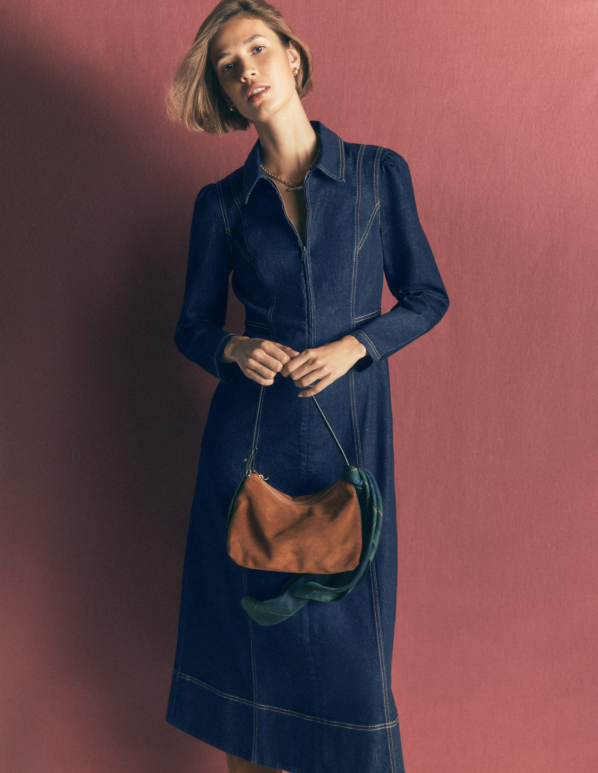 Una Collared Denim Midi Dress-Dark Vintage Denim-3