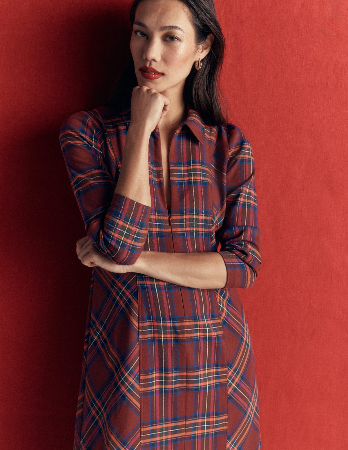Una Collared Check Midi Dress-Brown, Blue and Orange Check - Image 1