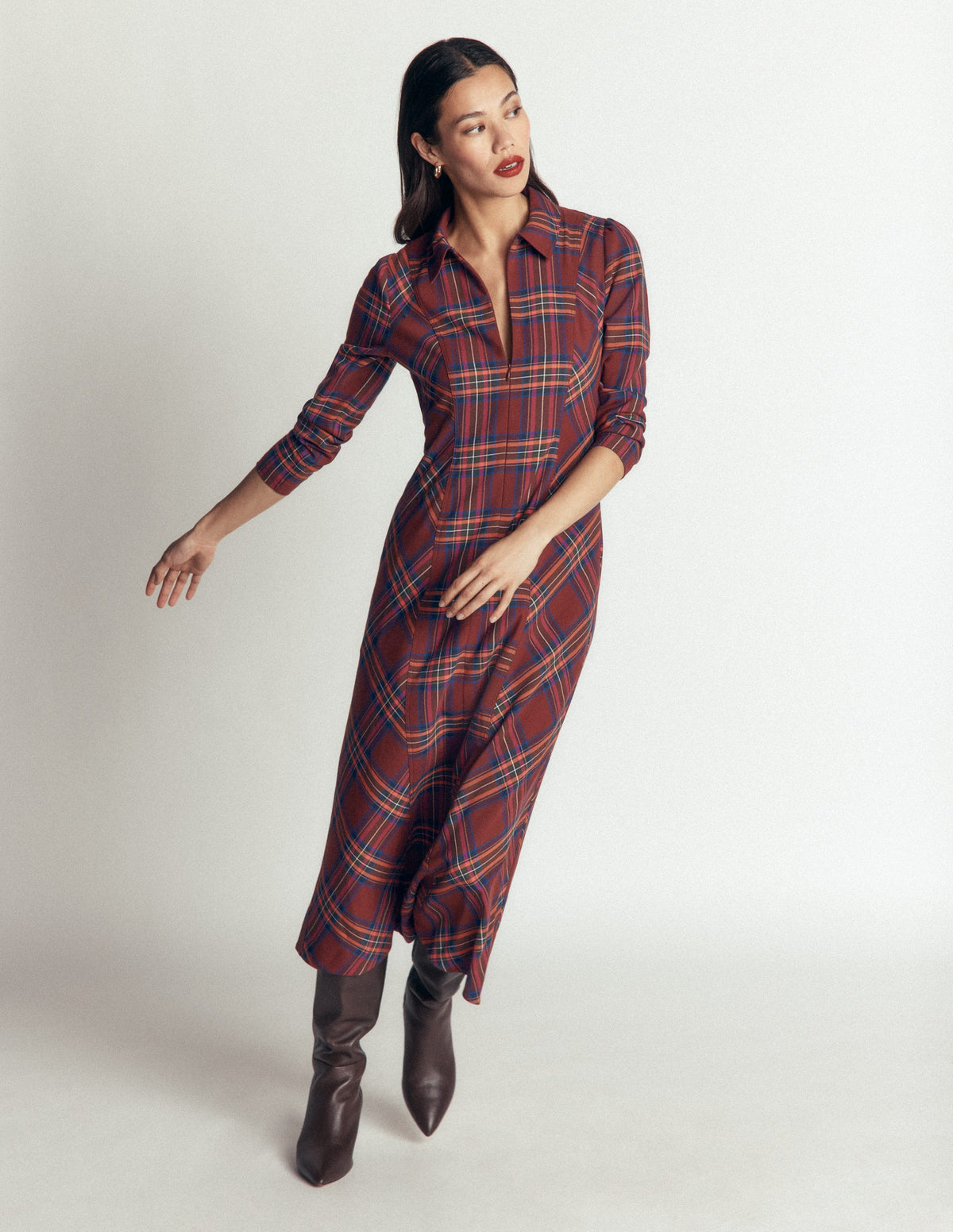 Una Collared Check Midi Dress-Brown, Blue and Orange Check-6