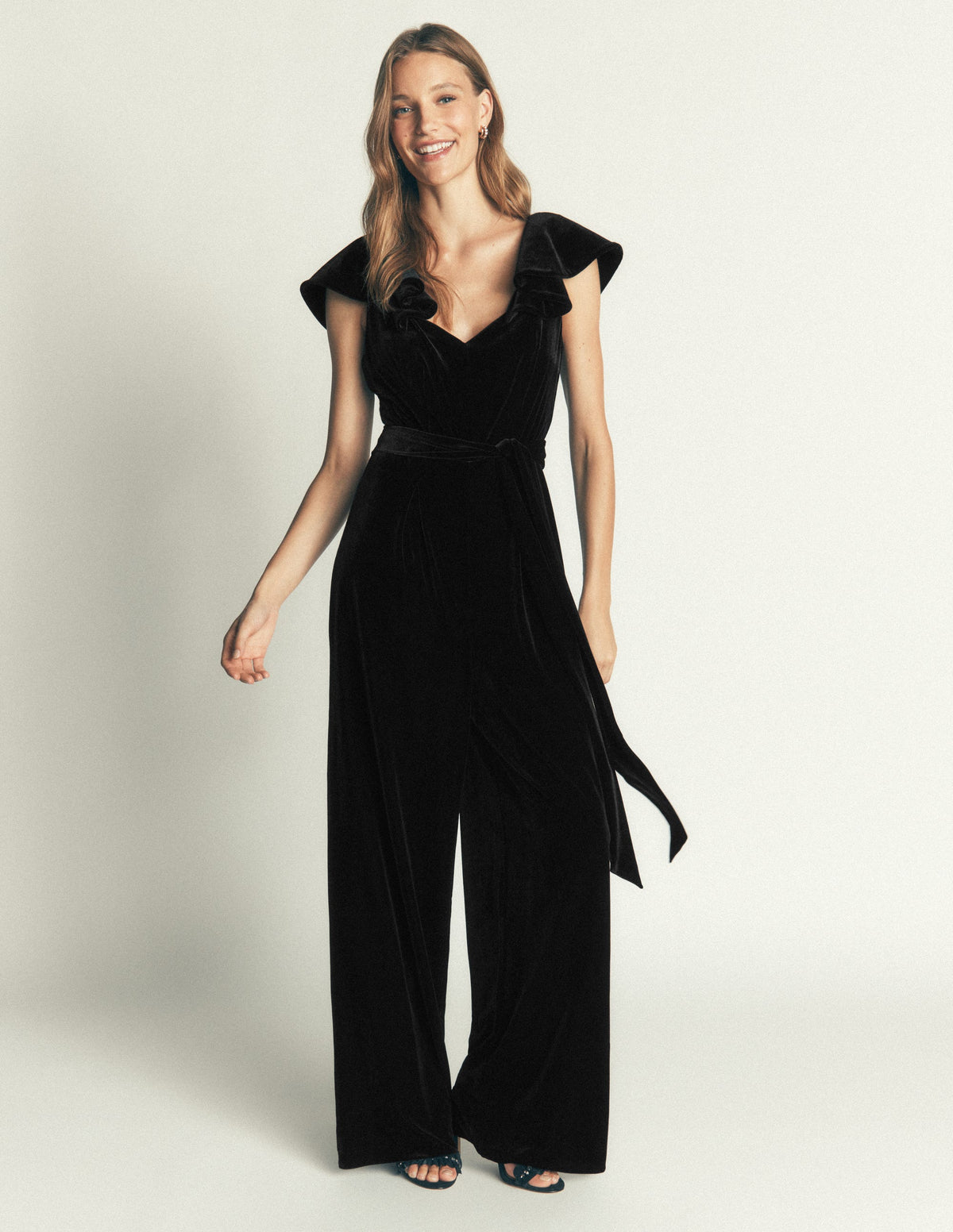Ruffle Velvet Jumpsuit-Black-1