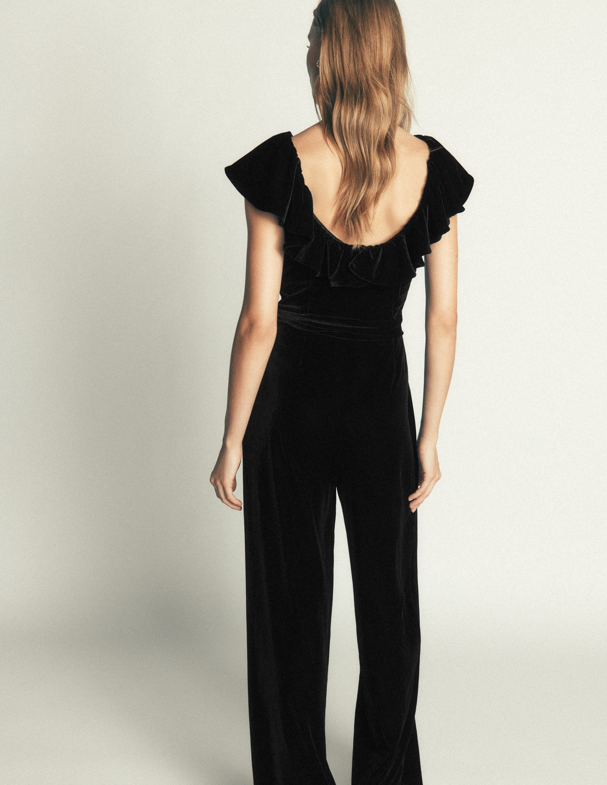 Ruffle Velvet Jumpsuit-Black - Image 3