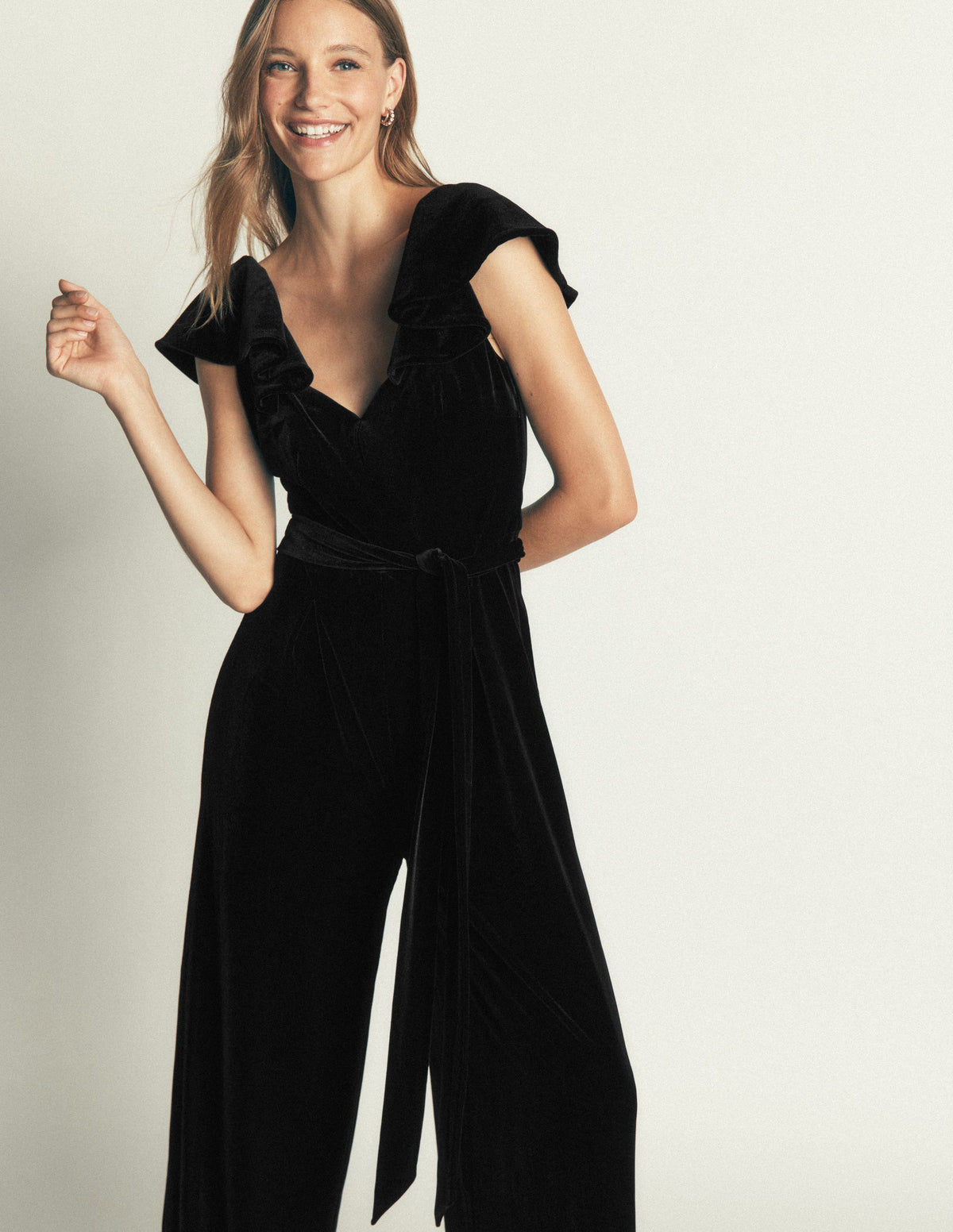 Ruffle Velvet Jumpsuit-Black - Image 5