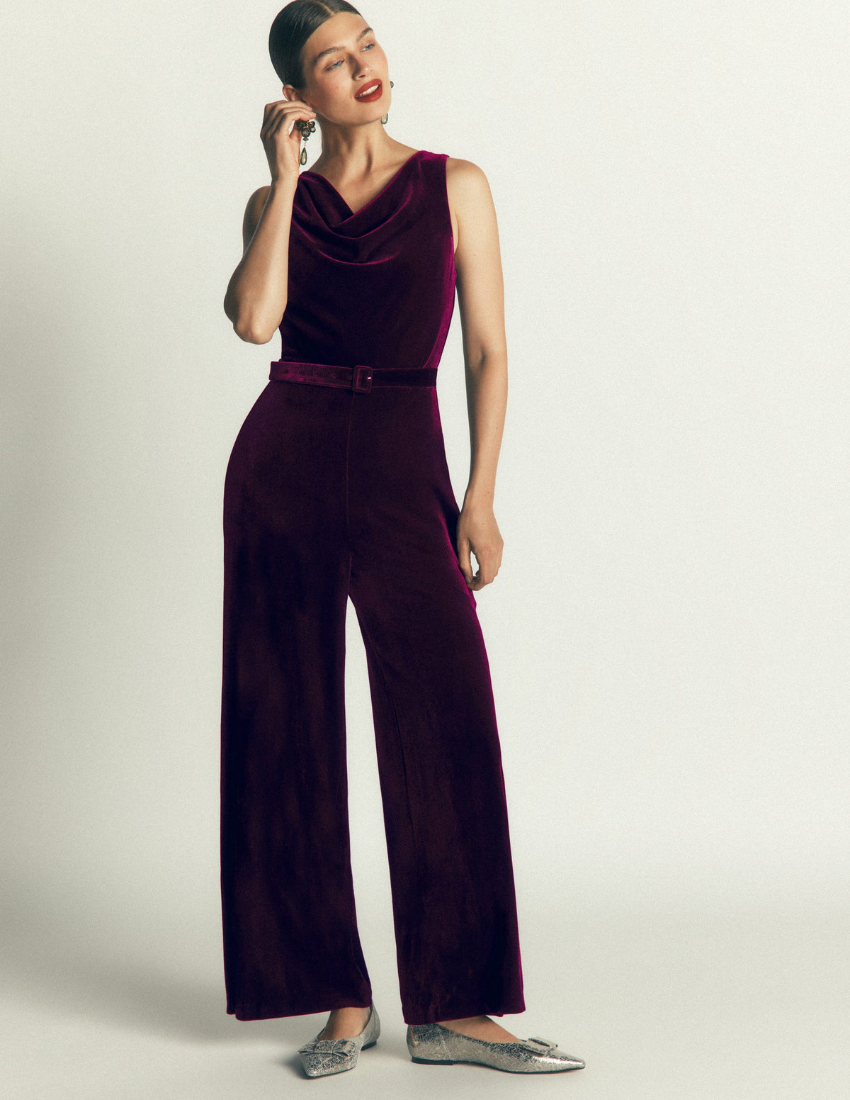 Cowl Neck Velvet Jumpsuit-Dark Cherry-4