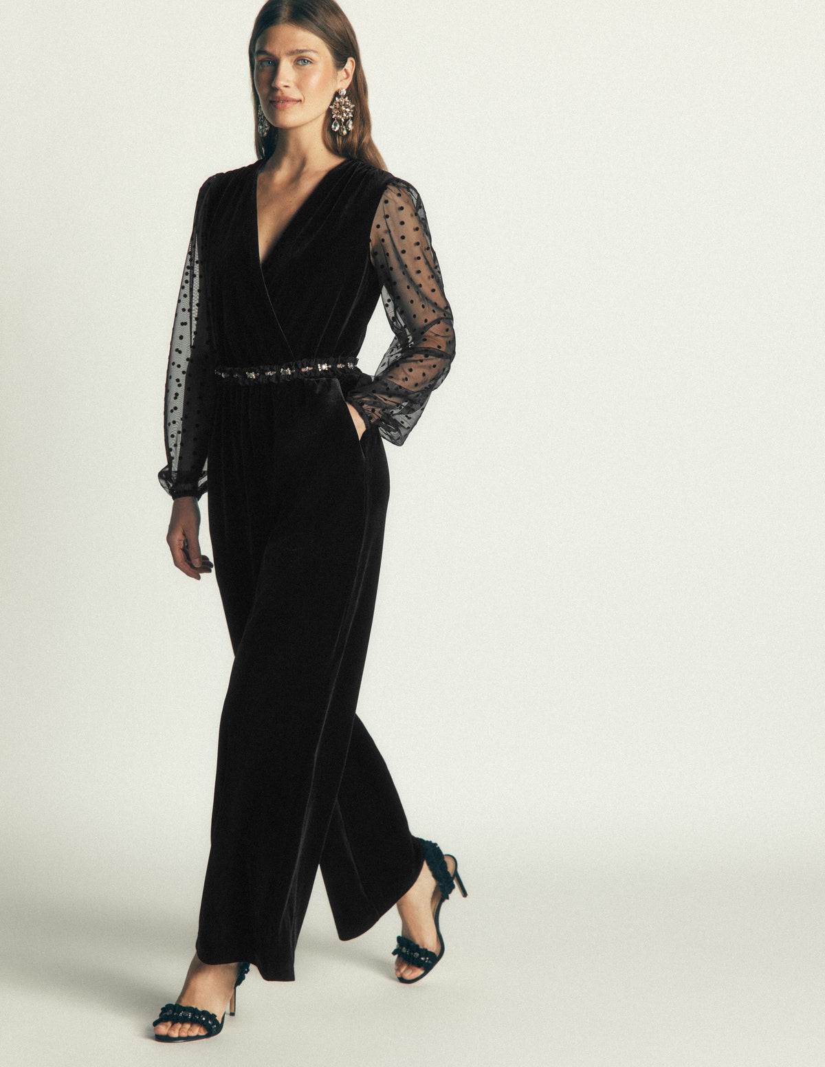 Velvet Tulle Sleeve Jumpsuit-Black-1