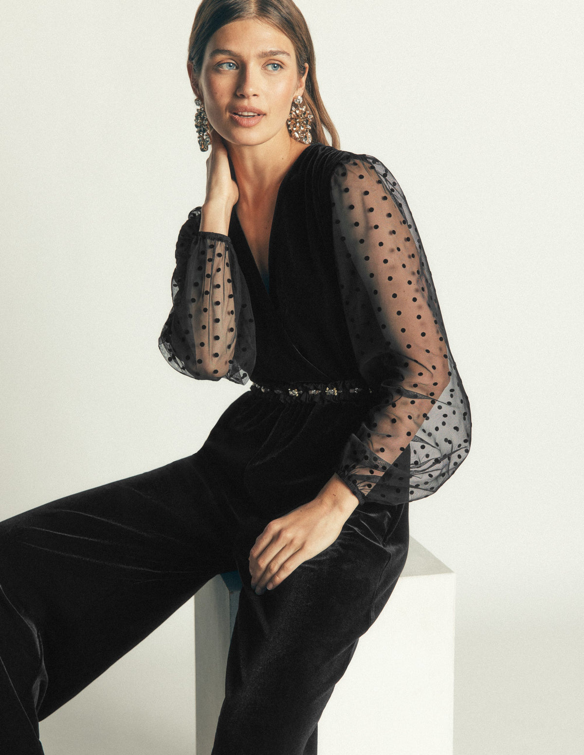 Velvet Tulle Sleeve Jumpsuit-Black - Image 4