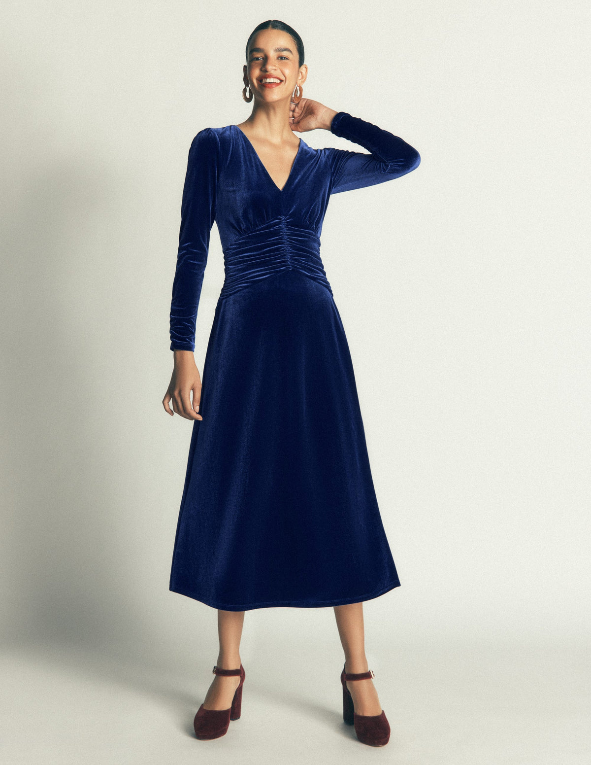 Mya Ruched Velvet Midi Dress-Sapphire Blue-4