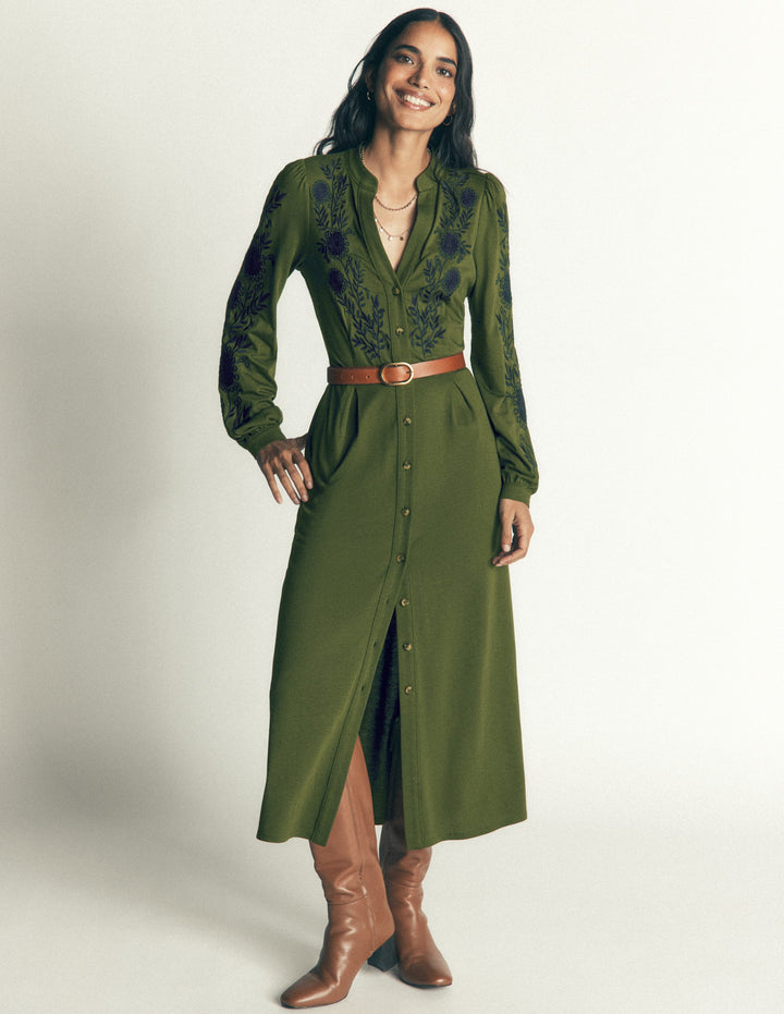 Juliet Jersey Midi Dress-Brunswick Green Embroidery