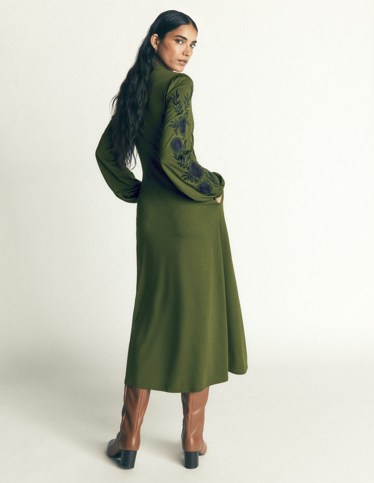 Juliet Jersey Midi Dress-Forest Green Embroidery-3