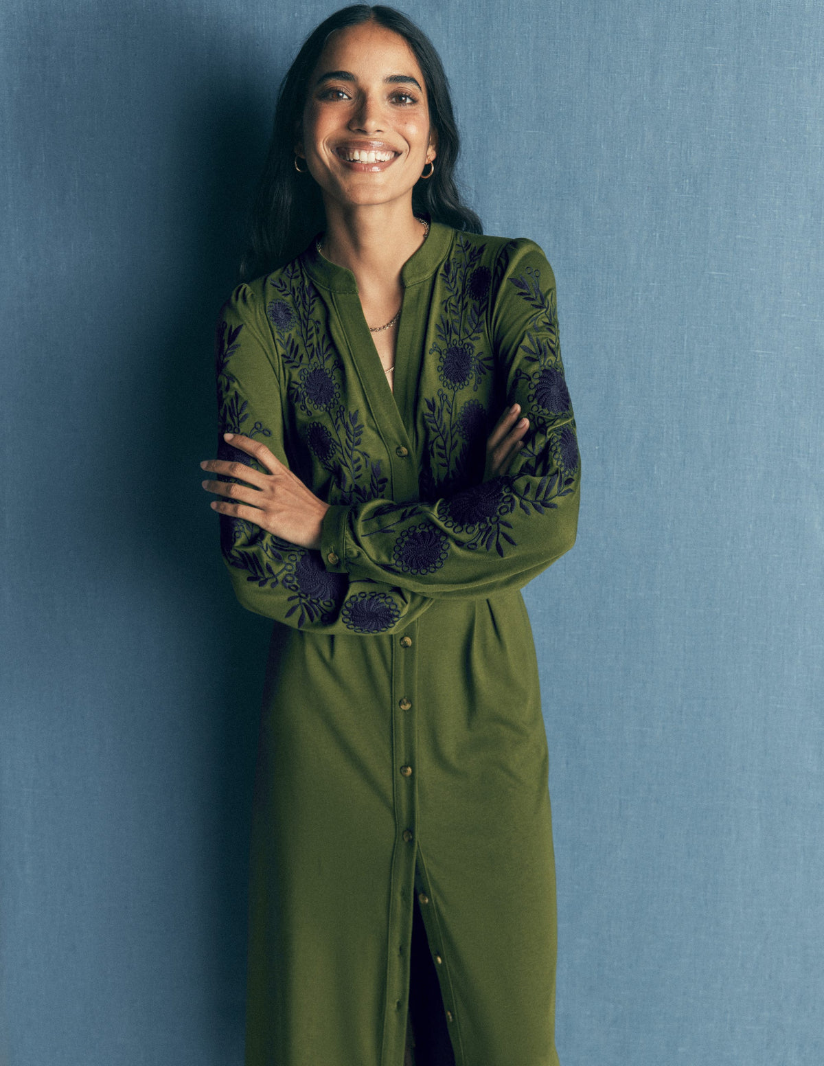 Juliet Jersey Midi Dress-Forest Green Embroidery-4