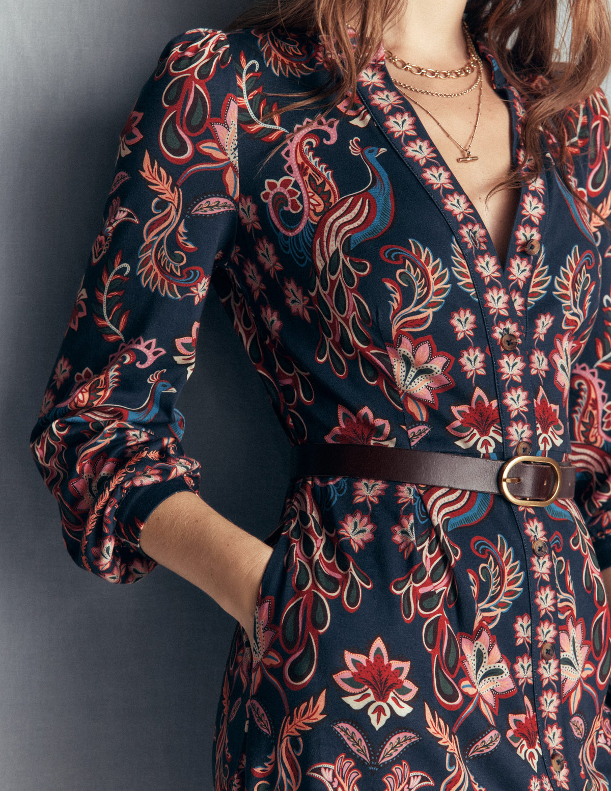 Juliet Jersey Midi Dress-Navy, Peacock Paradise-3