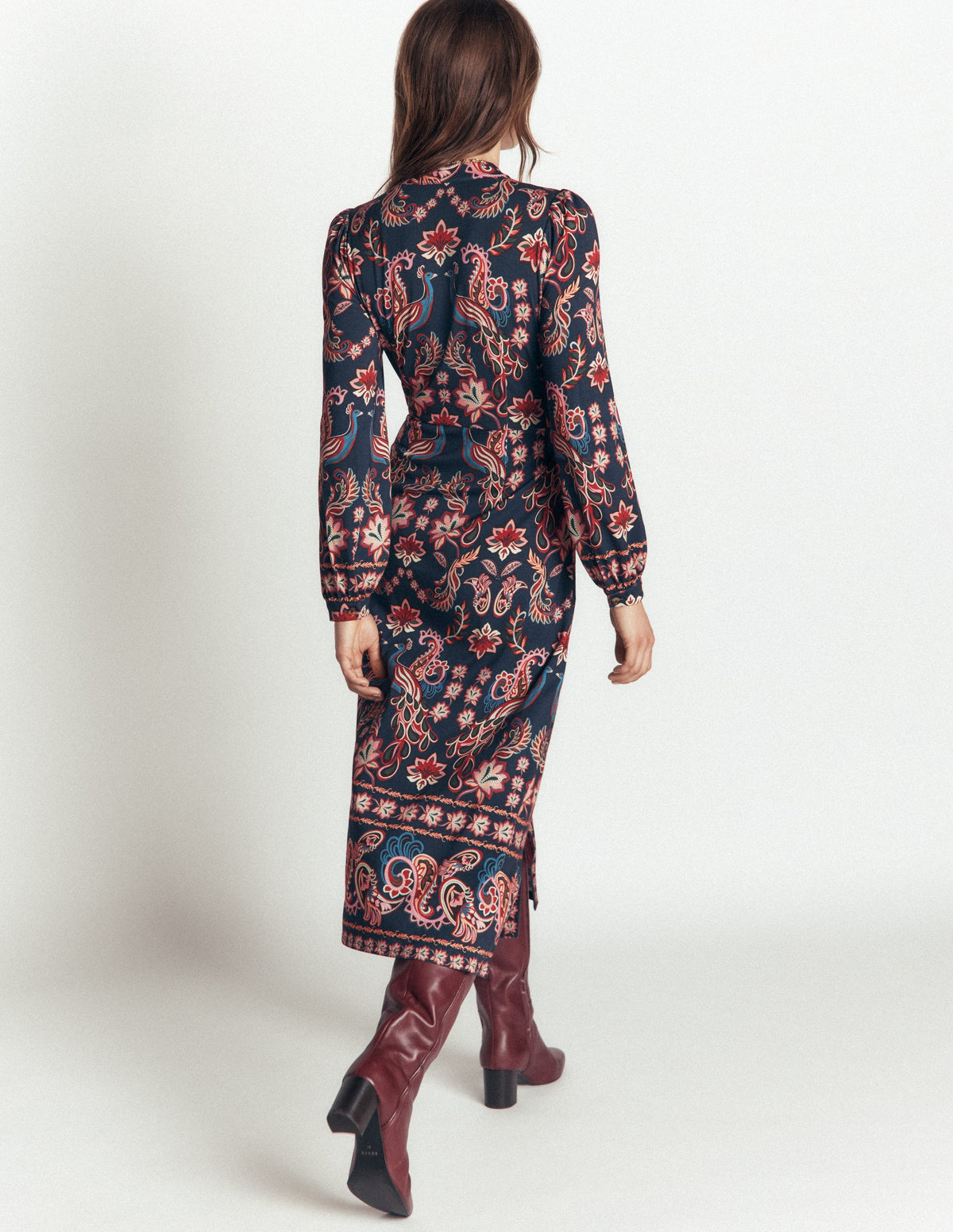 Juliet Jersey Midi Dress-Navy, Peacock Paradise - Image 4