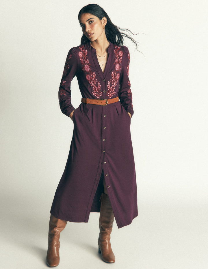 Juliet Jersey Midi Dress-Dark Cherry Embroidery