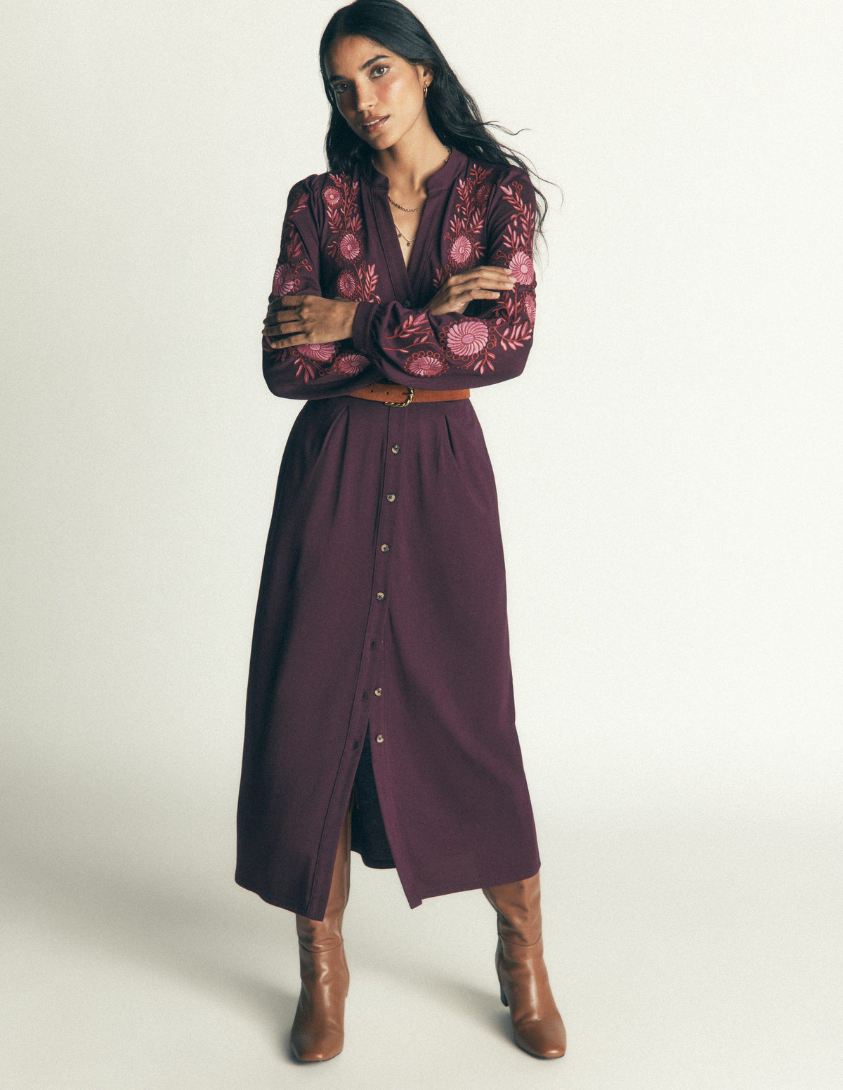 Juliet Jersey Midi Dress-Dark Cherry Embroidery-6