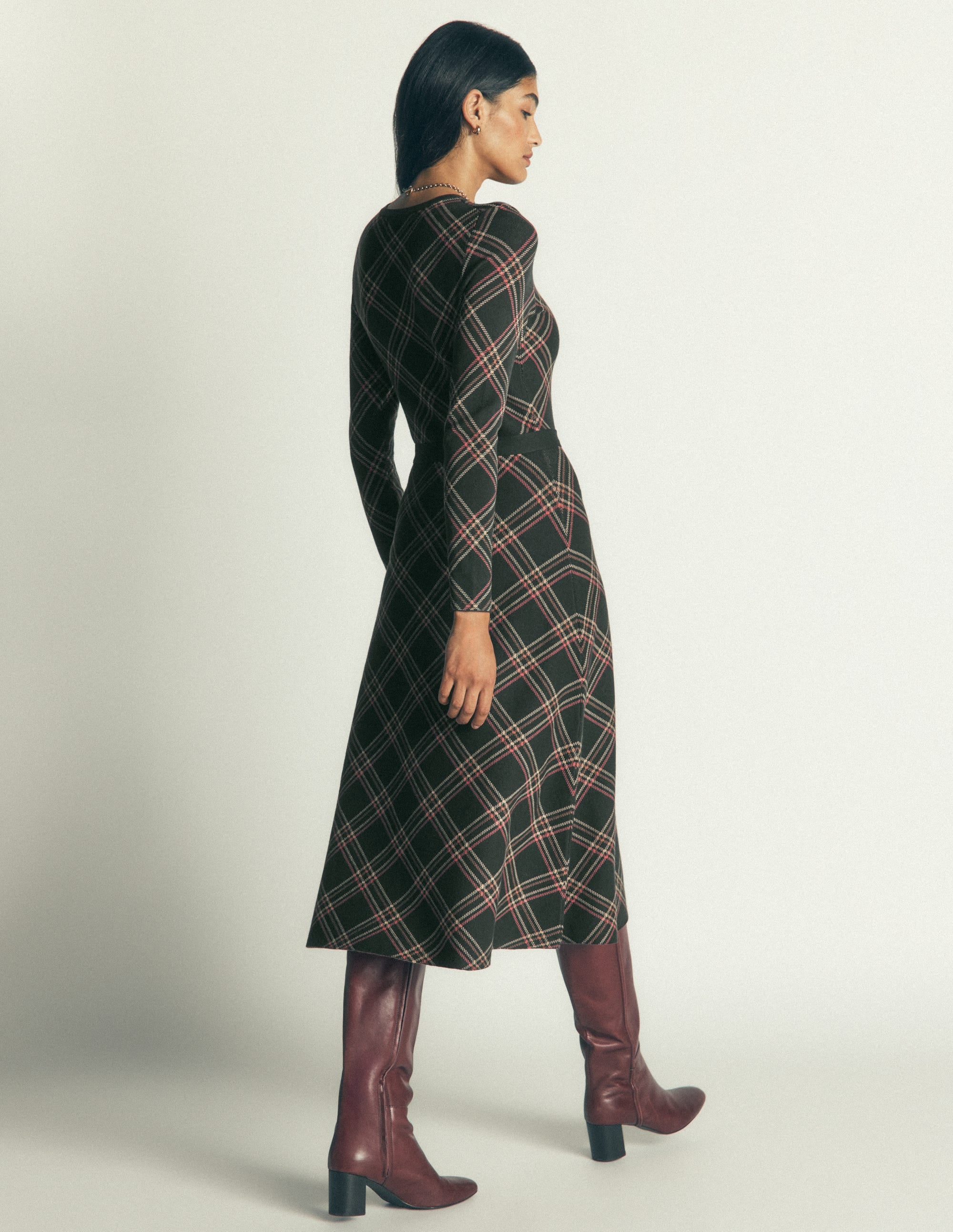 Crew Midi Jacquard Dress - Green Check | Boden UK