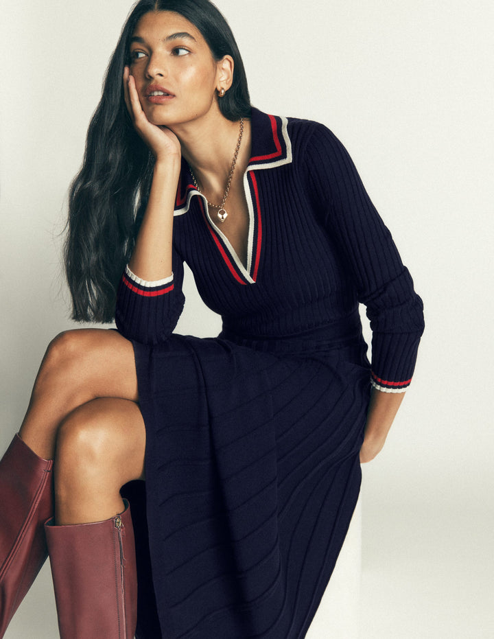 Ribbed Henley Knitted Dress-Navy