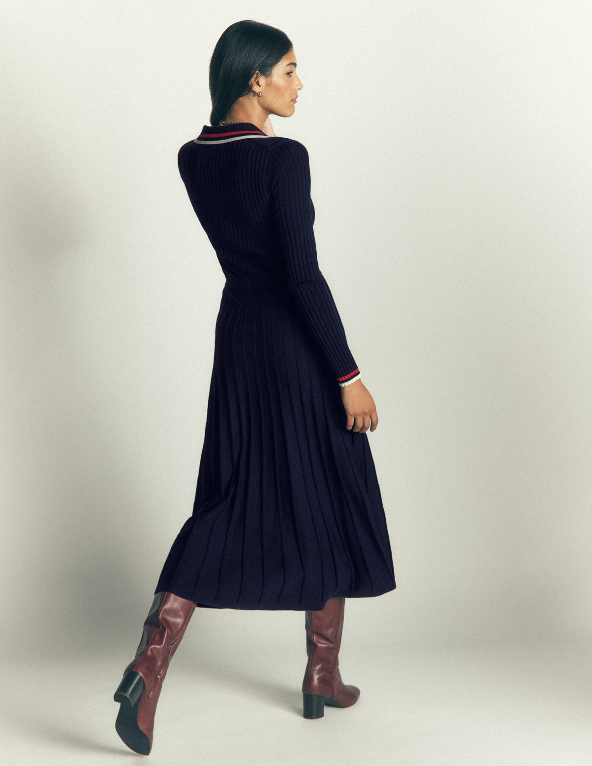Ribbed Henley Knitted Dress-Navy - Image 3