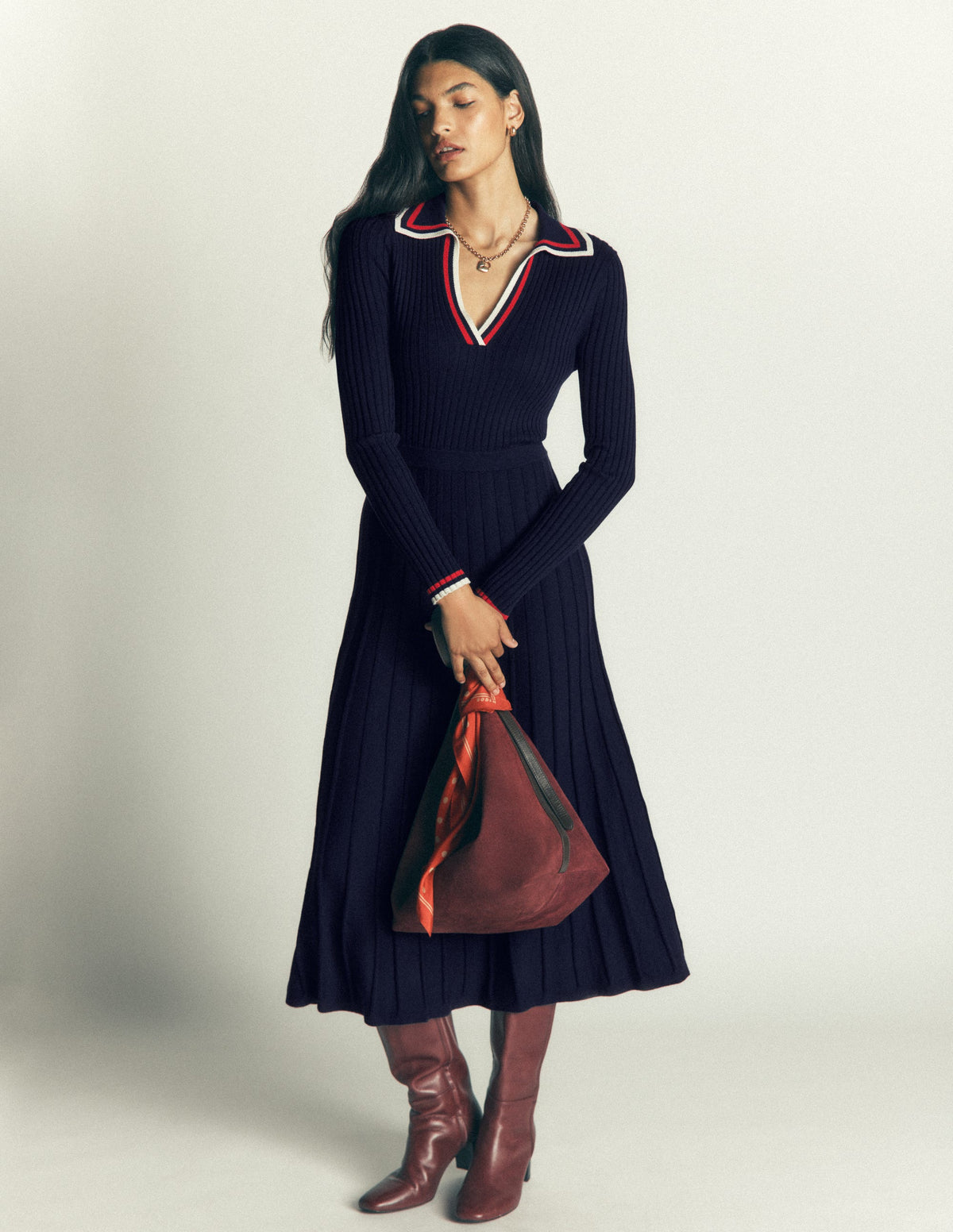 Ribbed Henley Knitted Dress-Navy - Image 4