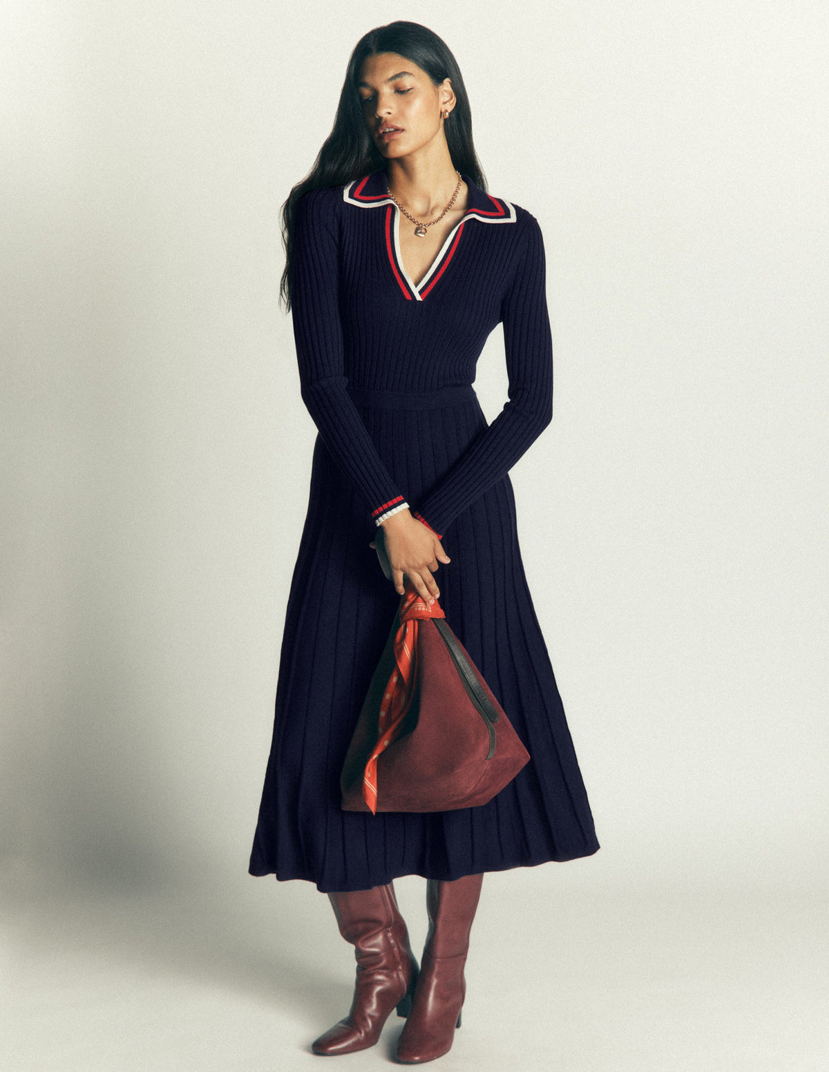 Ribbed Henley Knitted Dress-Navy-4