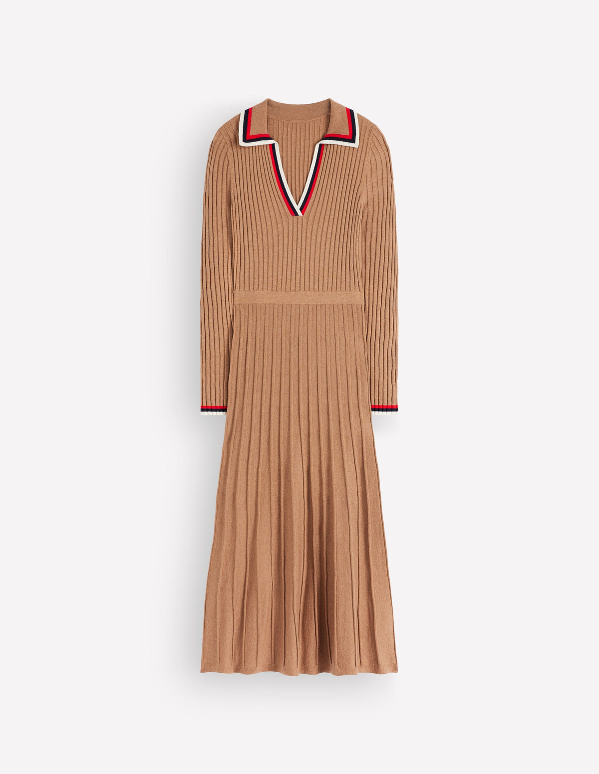 Ribbed Henley Knitted Dress-Camel Melange-7