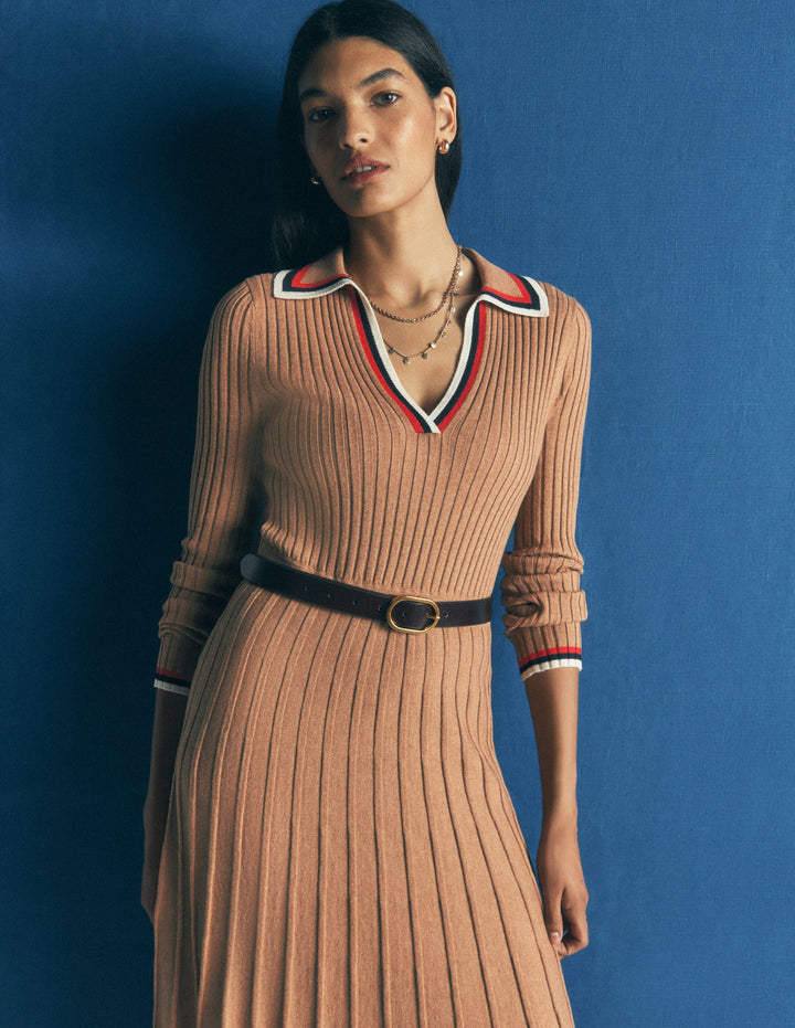 Ribbed Henley Knitted Dress-Camel Melange