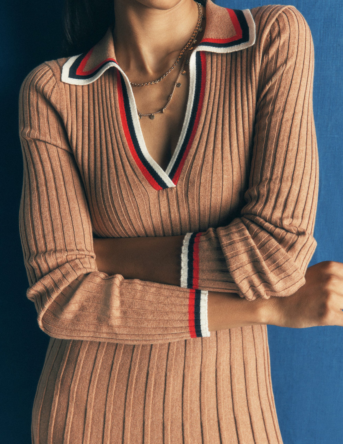 Ribbed Henley Knitted Dress-Camel Melange - Image 2