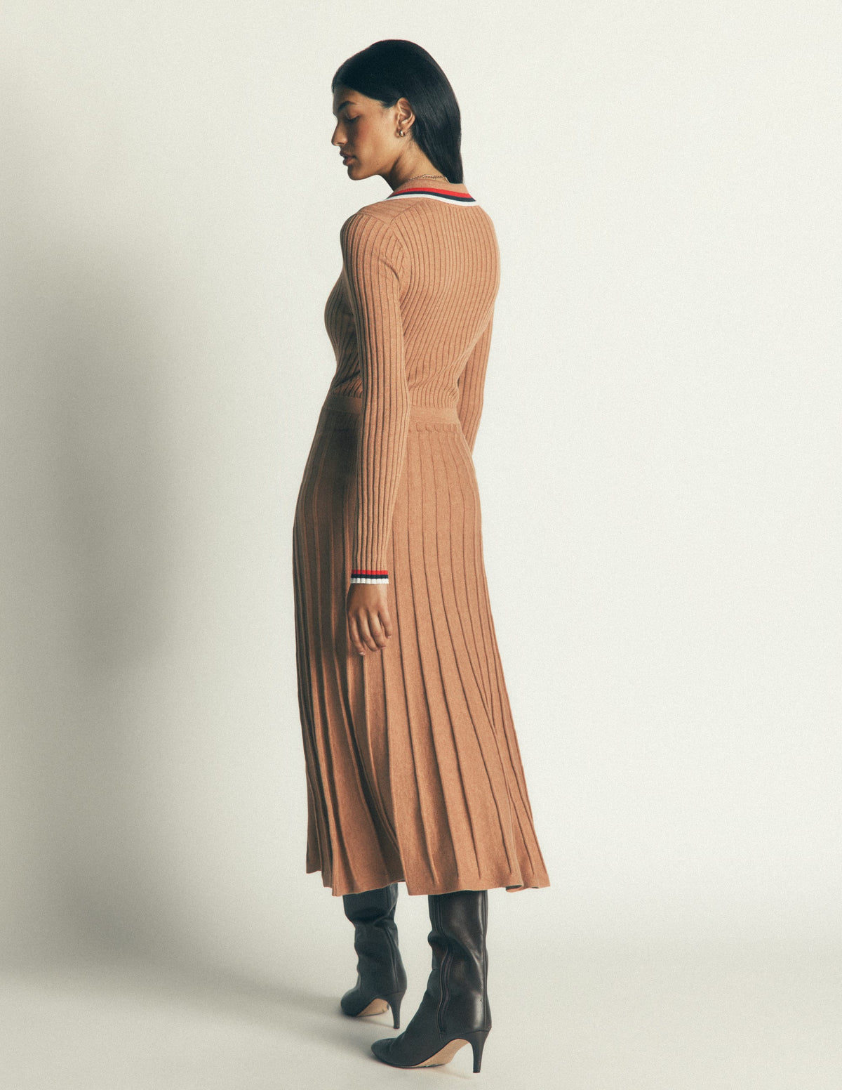 Ribbed Henley Knitted Dress-Camel Melange - Image 3