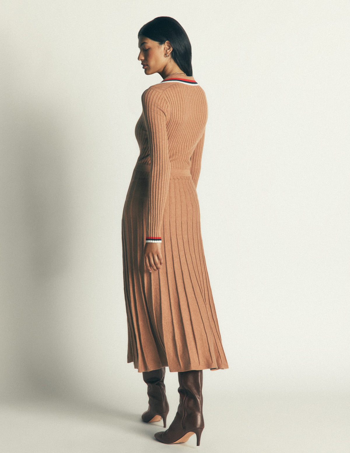 Ribbed Henley Knitted Dress-Camel Melange - Image 3